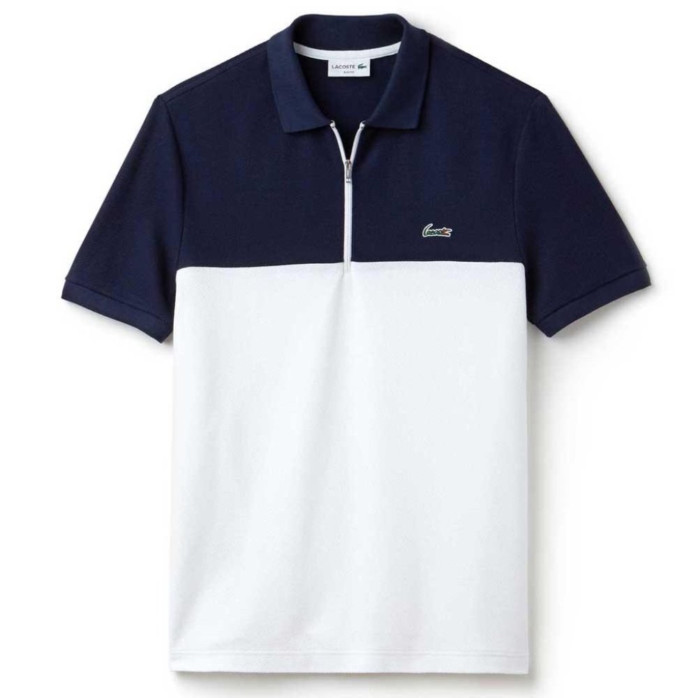 LACOSTE | slim fit honeycomb colorblock polo in white/blue, size us small/fr 3